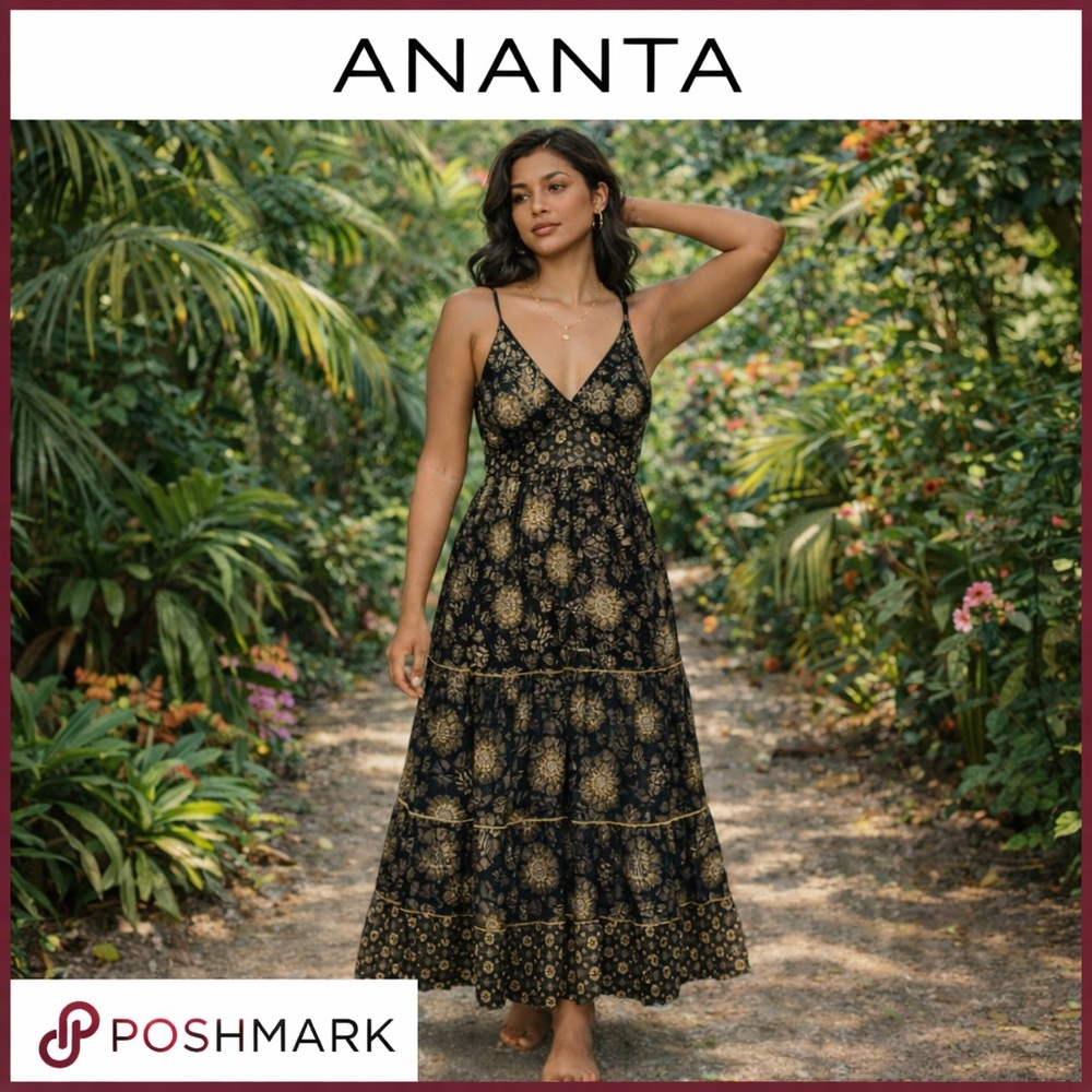 Ananta Black Gold Tropical V Neck Midi Dress Resort Wedding Guest Glam SIZE S/M